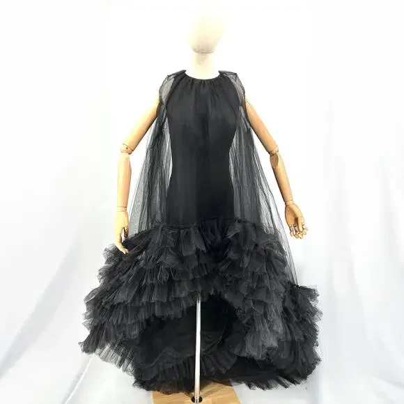 Black Tulle Ruffle High-Low Evening Gown with Interior Mini Dress Slip - Picture 2 of 7